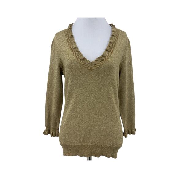 Chaps Sweater Womens Sz XL Gold Holiday Ruffle V Neck Cuff 3/4 Sleeve Occasion - Picture 1 of 8
